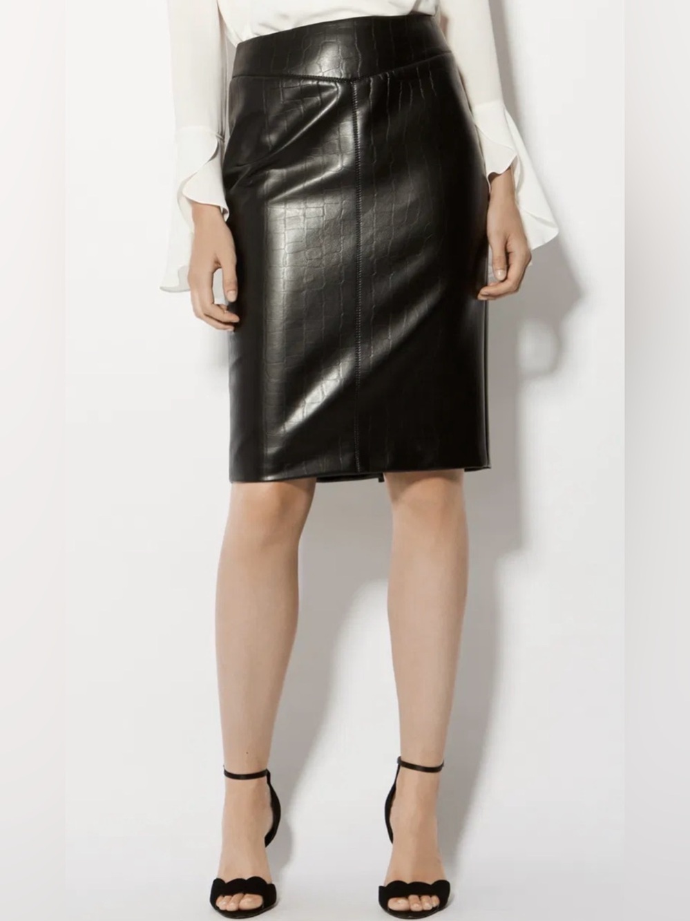 Karen Millen Black Croc Embossed Faux Leather Pencil Skirt Size 4